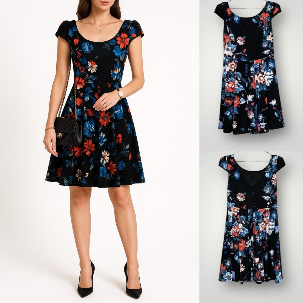 Betsey Johnson Scuba V Back Dress Size 2 Fit & Flare Floral Stretch